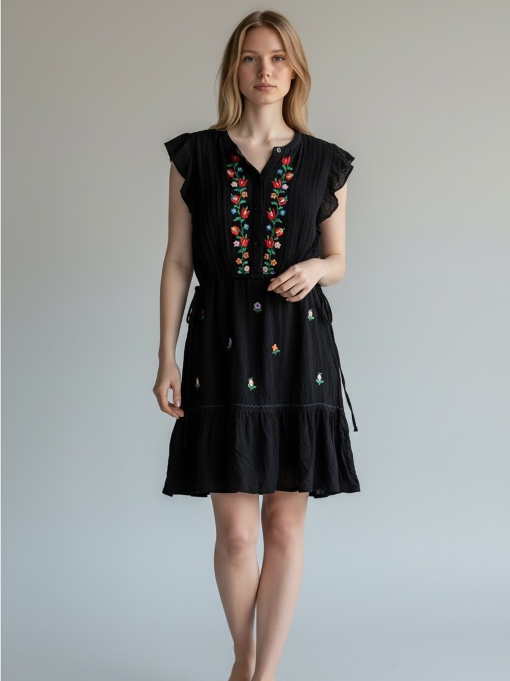 Lovestitch Boho Embroidered Gauze Mini Dress Black Peasant Folk Smocked S